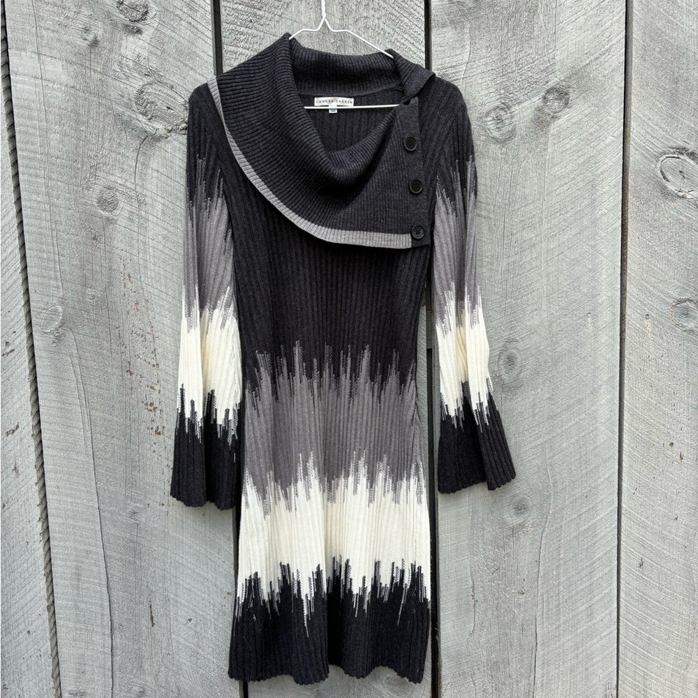 Sandra Darren Black, Gray and White Hombre Cowl Neck Sweater Dress Size L